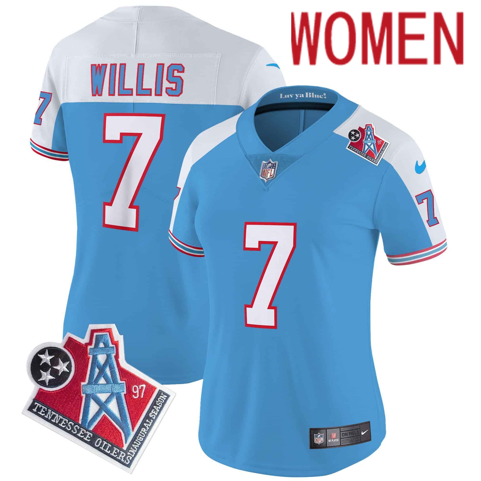 Women Tennessee Titans 7 Willis Light Blue 1997 Throwback 2024 Nike Limited Vapor NFL Jersey style 1